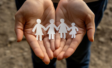 Paper Cutout Connection: Family in Hands. United in Struggle: Concept of Family, Home, and Support