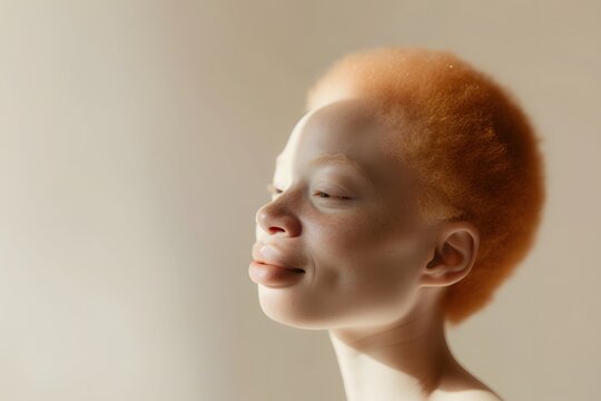 portrait of a young black albino woman in close-up,side view on a light background,the concept of diversity of people