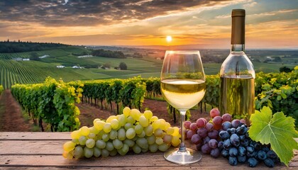 Bunch of fresh grapes, wine glass and bottle on wooden table, vineyard landscape.