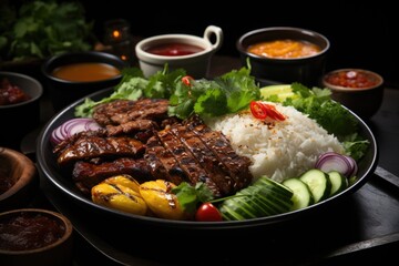Rice with grilled pork neck. Grilled pork salad Thai food with herbs and spice ing, generative IA