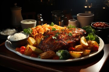 Brazilian Delicious Food Dish Roasted Meat with Sauce Vegetables Rice and Fries Ge, generative IA