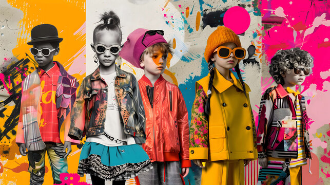 Photography children's models each representing a unique fashion aesthetic. Colorful and vibrant pattern background. Advertising poster concept