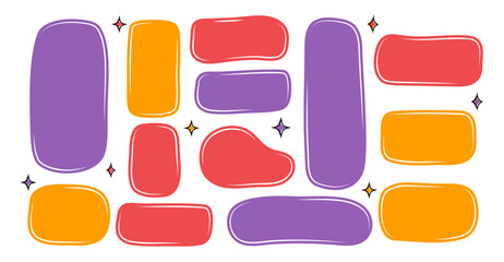 A set of different sizes and types of frames for text. Textbox in doodle and hand drawn style. Colored blank template. Shapes and figures. Quote. Speak bubbles. Talk. Minimalist trendy modern design.