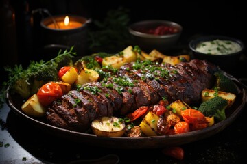 Grilled meat fresh vegetables healthy plate tasty sauce generative there, generative IA