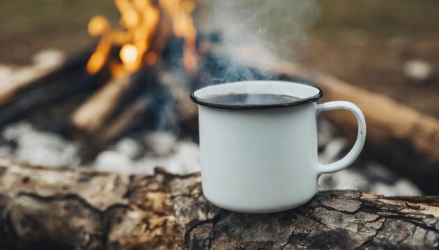 Enamel cup of hot steaming coffee on old log by an outdoor campfire. Tasty drink.