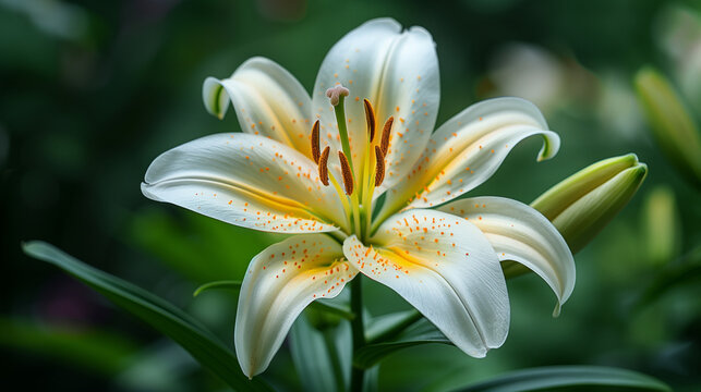 Two white lilies macro photography in summer day. Beauty garden lily with white petals close up garden photography. Lilium plant floral wallpaper on a green background. Pink lily. Orange lily. Spring 