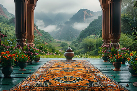 prayer mat in a beautiful nature landscape, ramadan Kareem, Eid Mubarak Islamic festival social media banner and Eid Mubarak Post Template, islam