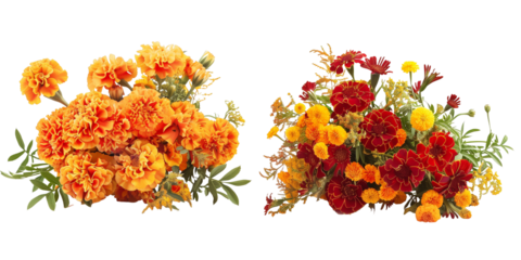  flowers bouquet made with Marigolds, isolated on transparent background