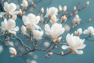 a pattern showcasing the delicate beauty of blooming magnolias on blue background