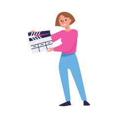 Smiling woman with clapperboard flat style, vector illustration