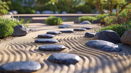 Foto op Plexiglas A peaceful Zen garden with raked sand and smooth stones. © Anthony