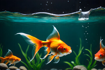 goldfish in an aquarium in the water, swim, algae, stones, feeding fish with food