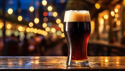 Glass of dark beer at night in pub on wooden table. Alcoholic drink - obrazy, fototapety, plakaty
