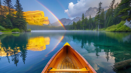 A tranquil lake reflecting a perfect rainbow surrounds.
