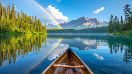 Obraz premium A tranquil lake reflecting a perfect rainbow surrounds.
