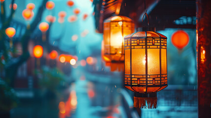 beautiful glowing chinese lanterns in the evening