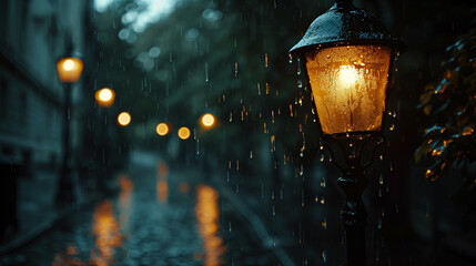 lantern in the park in the rainy evening