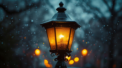 lantern in the park in the rainy evening