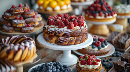 delicious chocolate cakes with berries and fruits