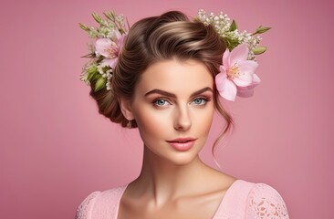 Portrait of a lovely young girl on a pink background with spring flowers in hairstyle and makeup