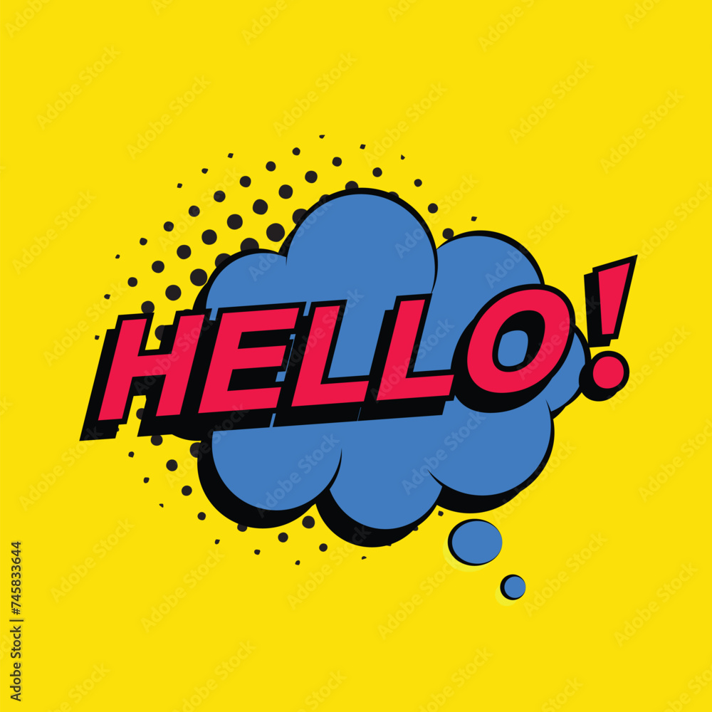 Poster hello retro colorful comic speech bubbles with halftone shadows on yellow background. expression tex