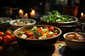 Delicious vegetable salads in different bowls in the upper view of wooden table, generative IA - obrazy, fototapety, plakaty
