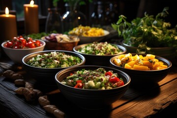 Delicious vegetable salads in different bowls in the upper view of wooden table, generative IA