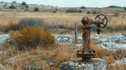 Fototapeta premium A rusted water pump standing idle beside a dried-up well, symbolizing the failure of irrigation systems