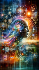 AI abstract. Futuristic visualization of artificial intelligence and machine learning concepts, embodying fusion of technology and consciousness, amidst abstract digital and astronomical elements.