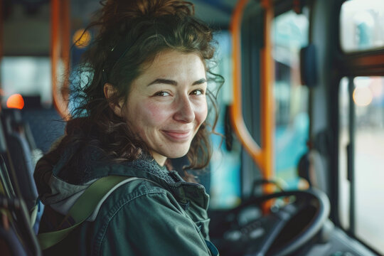 Happy female bus driver at work looking at camera