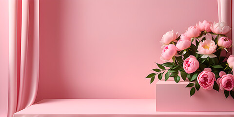 Pink flowers and curtains in front of flat and empty pink wall for spring background. Banner format. Copy space