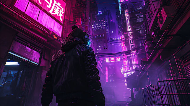 Survivalist in the cyberpunk city's hidden corners. Copy Space