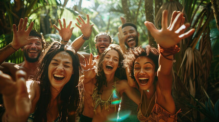 Joyful Group of Friends Enjoying a Tropical Vacation Together