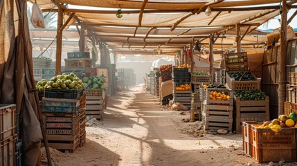 Fototapeta na wymiar An empty market stall with dust-covered produce crates