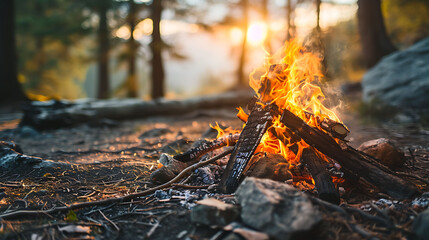 Survival campfires in the wild nature. Copy Space - obrazy, fototapety, plakaty