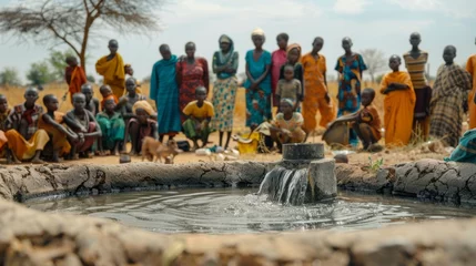 Outdoor kussens Farmers gathered around a dwindling water source, highlighting the community's struggle during a severe drought © Lerson
