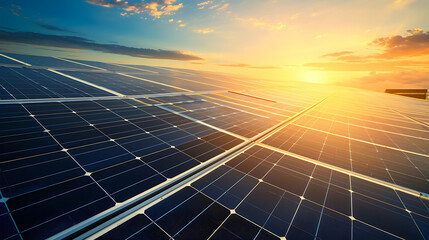 Sunlit rooftop solar panels. Copy Space - obrazy, fototapety, plakaty