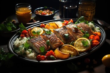 Grilled fish fillet served on the couscous salad with peppers, generative IA
