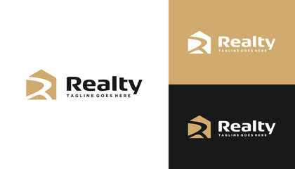 Golden Initial Letter R Realty with House Building For Real Estate Architecture Apartment Logo Design