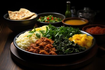 High angle photo of delicious traditional ethiopian food with vegetables on a wood, generative IA