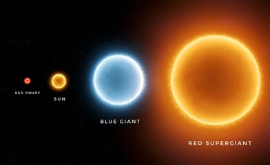 Red supergiant, blue giant, sun and red dwarf on a black background. Comparison of star sizes. Composite image of stars with different masses.
