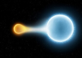 A blue giant is absorbing material from another star. Gravitational interaction between stars. Accretion process in space.