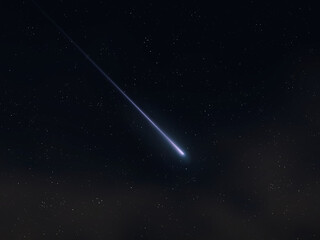 Bolide at night. A bright fireball lights up the sky. Single shooting star.