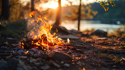 Survival campfires in the wild nature. Copy Space
