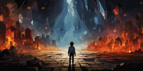 Foto op Plexiglas child with spear standing in a cave full of many futuristic stone blocks, digital art style, illustration painting © Viacheslav