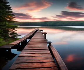 Fototapeta premium A vibrant sunset paints the sky over a serene lake. Generative AI