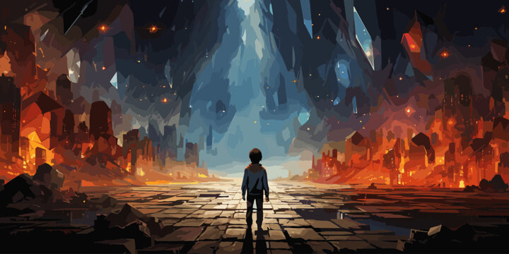 child with spear standing in a cave full of many futuristic stone blocks, digital art style, illustration painting