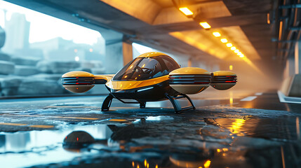 Takeoff of a flying car from an underground garage. Copy Space