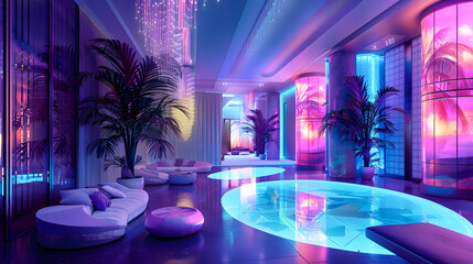 Room in the style of retrowave, enigmatic tropics, dark violet and light blue, interior scenes