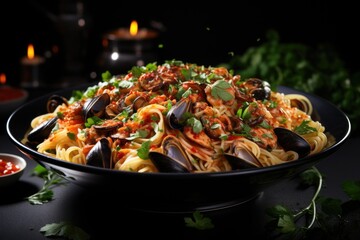 Classic Italian pasta fusilli marinara with green olive mussels and capers on the , generative IA